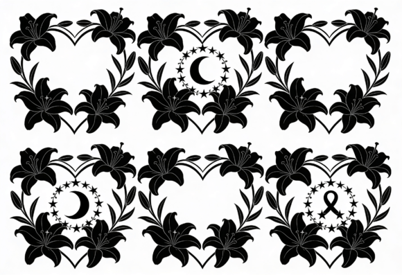 Black Lily Floral Border SVG Moon Stars