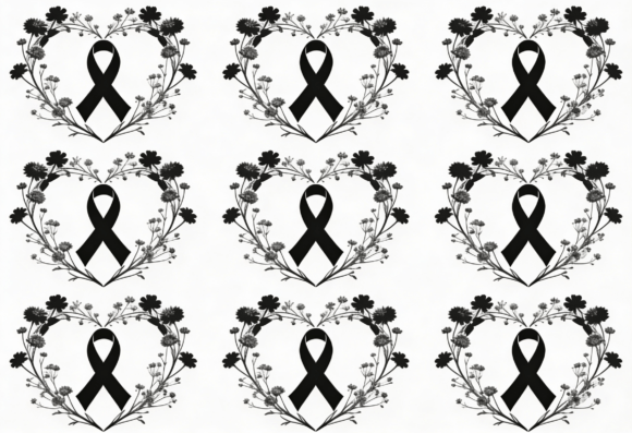 Black Ribbon Heart Floral Wreath SVG