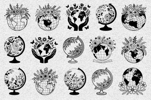 Floral Earth Svg Bundle, World Globe Svg