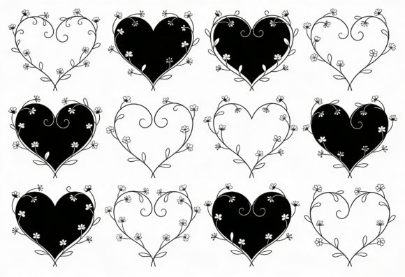 Floral Heart SVG Bundle Outline Clipart